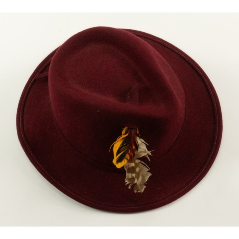 Vintage Bollman Peachfelt Burgundy Wool Feather Fedora Hat USA Mens Small